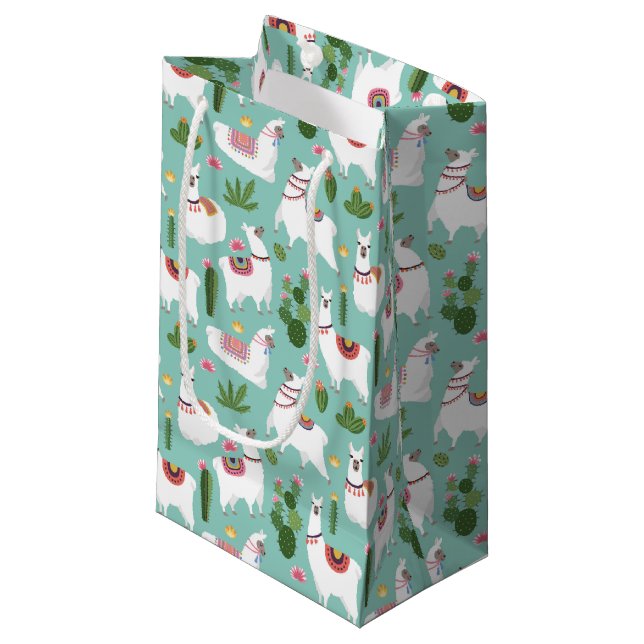 Cute Llamas On Teal Pattern Small Gift Bag (Front Angled)