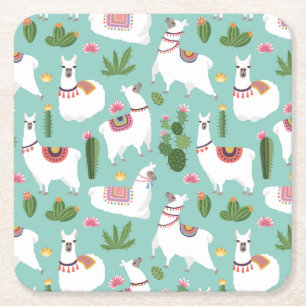 Cute Llamas On Teal Pattern Square Paper Coaster