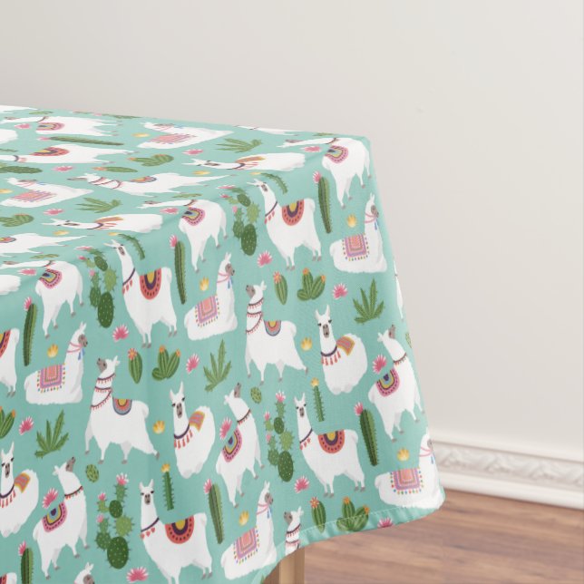 Cute Llamas On Teal Pattern Tablecloth (In Situ)