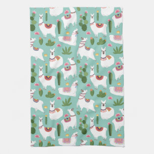 Cute Llamas On Teal Pattern Tea Towel