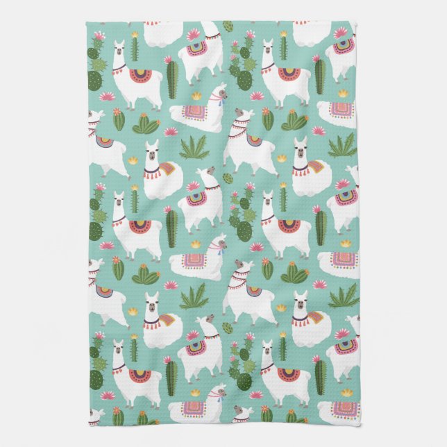 Cute Llamas On Teal Pattern Tea Towel (Vertical)