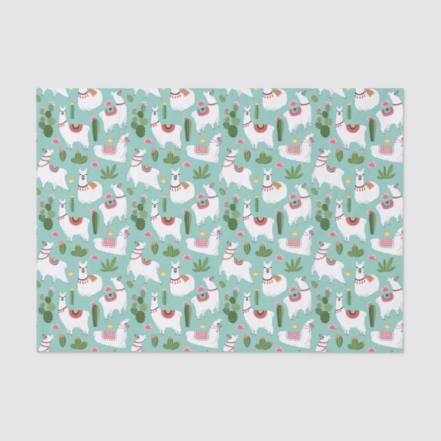 Cute Llamas On Teal Pattern Tissue Paper (Front)