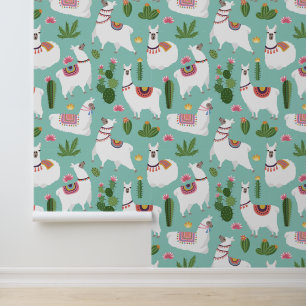 Cute Llamas On Teal Pattern Wallpaper