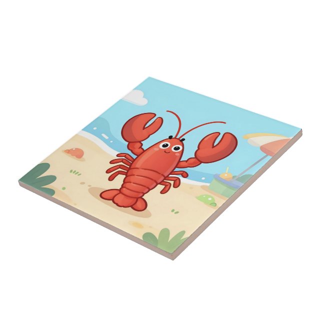 Cute lobster at the beach ceramic tile (Side)