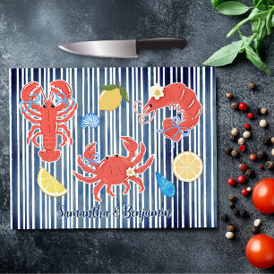 Cute lobster crab lemons crustaceans striped cutting board