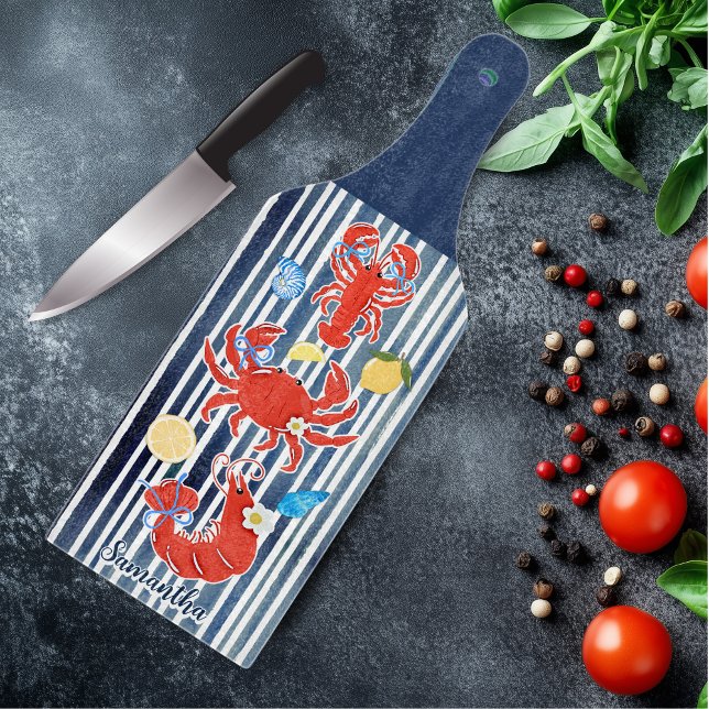 Cute lobster crab lemons crustaceans striped long cutting board (Creator Uploaded)