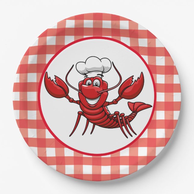 Cute Lobster party red check Paper Plate (Front)