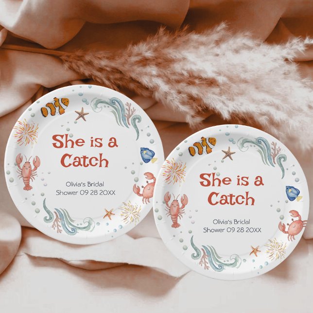 Cute Lobster She is a Catch Bridal Shower Paper Plate (Creator Uploaded)