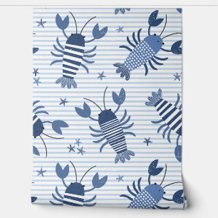 Cute lobsters on light blue and white stripe wallpaper