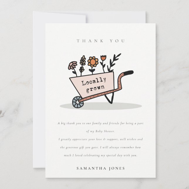Cute Locally Grown Blush Floral Cart Baby Shower Thank You Card (Front)