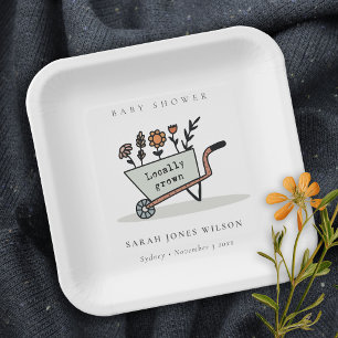 Cute Locally Grown Grey Floral Cart Baby Shower  Paper Plate