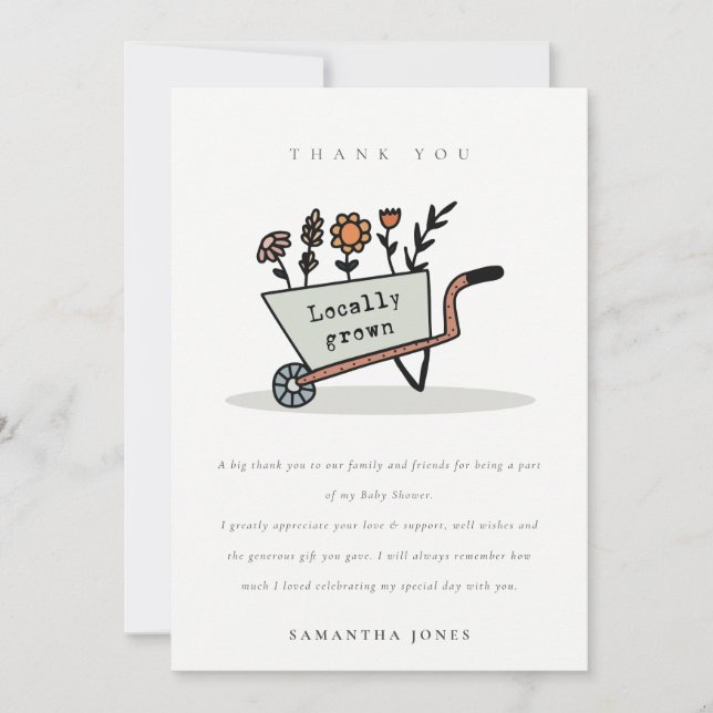 Cute Locally Grown Grey Floral Cart Baby Shower Thank You Card (Front)