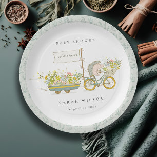 Cute Locally Grown Hedgehog Flora Bike Baby Shower Paper Plate