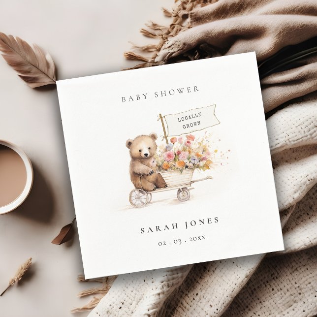 Cute Locally Grown Teddy Floral Cart Baby Shower Napkin (Creator Uploaded)