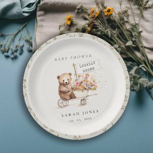 Cute Locally Grown Teddy Floral Cart Baby Shower Paper Plate
