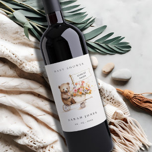 Cute Locally Grown Teddy Floral Cart Baby Shower Wine Label