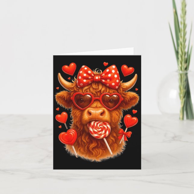 Cute Lollip Highland Cow Valentine's Day Red Heart Card (Front)