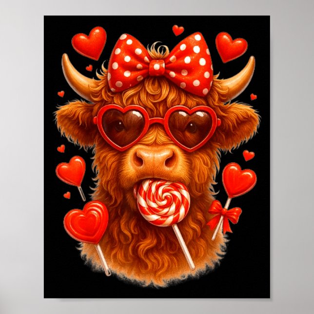Cute Lollip Highland Cow Valentine's Day Red Heart Poster (Front)