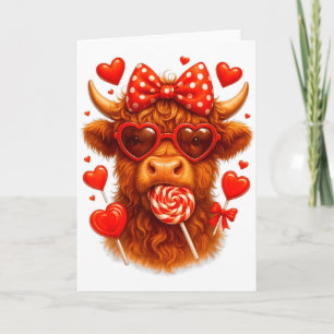 Cute Lollipop Highland Cow Valentines Day Red Hear Card