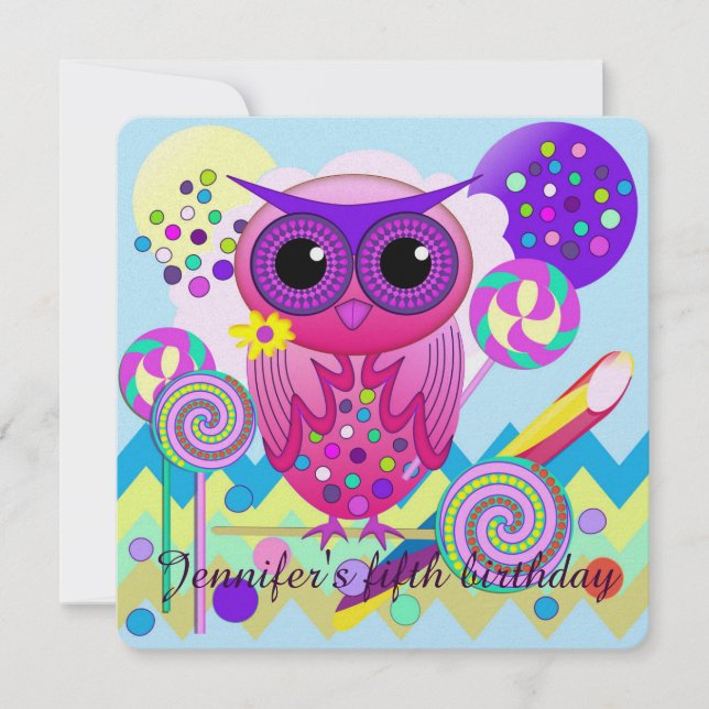 Cute Lollipop Owl Custom birthday party invitation (Front)