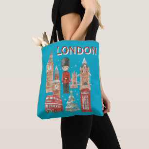 Cute London City British Guard, Big Ben & Red Bus Tote Bag