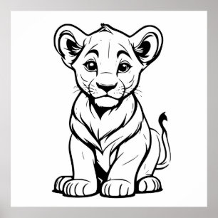 Cute Lonely White Lion Cub Line Art Drawing Poster