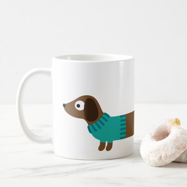 Cute Long Dachshund Illustration Coffee Mug (With Donut)