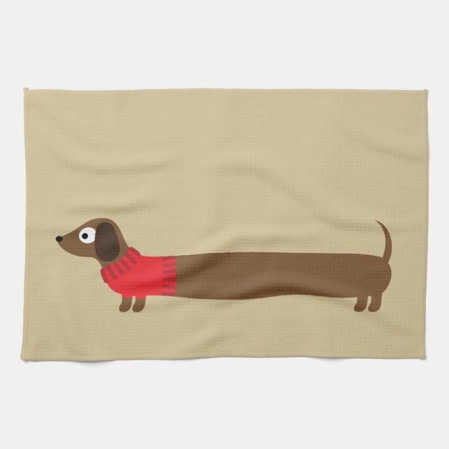 Cute Long Dachshund Illustration Tea Towel (Horizontal)