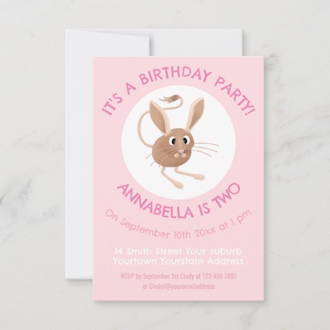 Cute long eared jerboa personalised birthday invitation (Front)