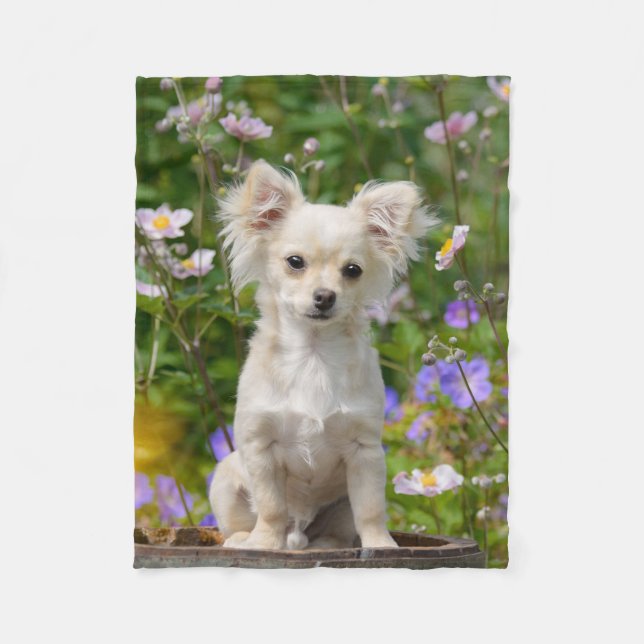 Cute long-haired Chihuahua Dog Puppy Photo - comfy Fleece Blanket (Front)