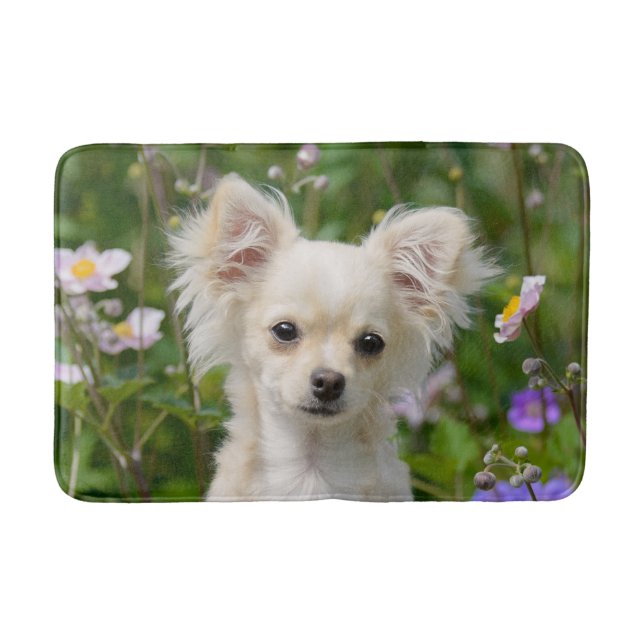 Cute long-haired cream Chihuahua Dog Puppy Photo Bath Mat (Front)