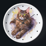 Cute Long Haired Tabby Cat Watercolor Illustration Clock<br><div class="desc">Adorable watercolor style cartoon illustration of a brown long haired tabby cat.</div>