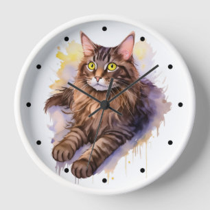 Cute Long Haired Tabby Cat Watercolor Illustration Clock
