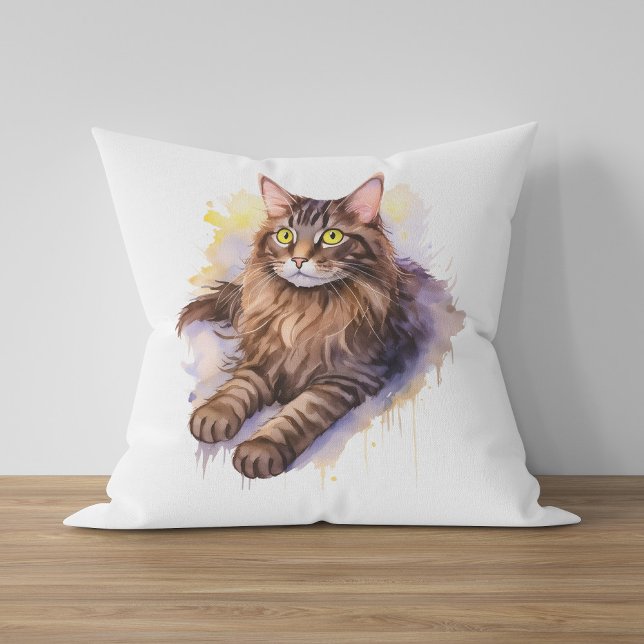 Cute Long Haired Tabby Cat Watercolor Illustration Cushion (Creator Uploaded)