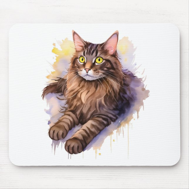 Cute Long Haired Tabby Cat Watercolor Illustration Mouse Pad (Front)