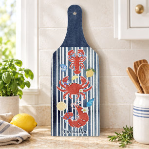 Cute Long Striped Coastal Lobster Crab Lemons Cutting Board
