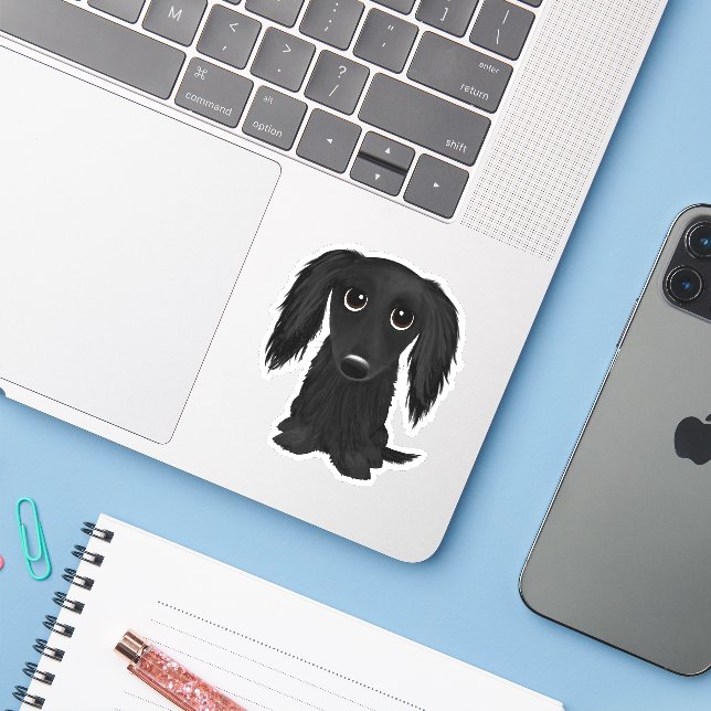 Cute Longhaired Black Dachshund Cartoon (Laptop w/ iPhone)