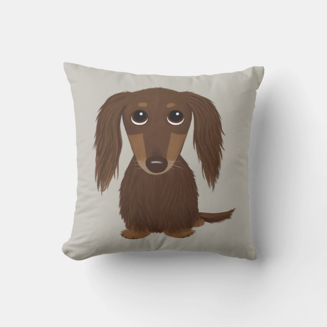 Cute Longhaired Chocolate Brown Dachshund Dog Cushion (Front)
