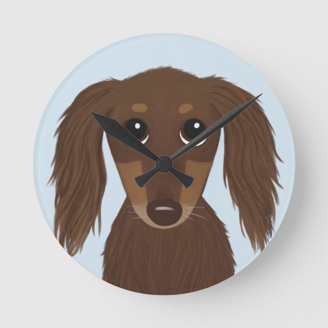 Cute Longhaired Chocolate Brown Dachshund Dog Round Clock (Front)