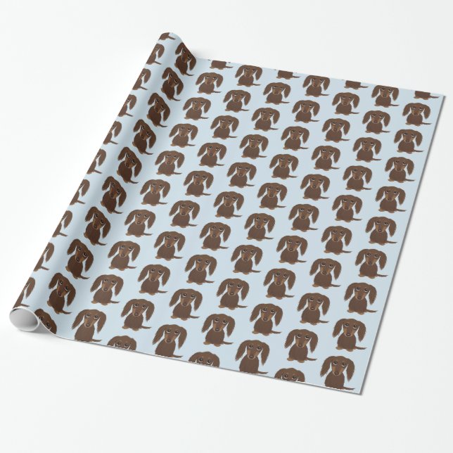 Cute Longhaired Chocolate Brown Dachshund Dog Wrapping Paper (Unrolled)