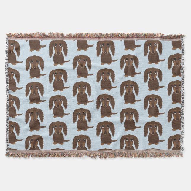 Cute Longhaired Chocolate Brown Dachshund Pattern Throw Blanket (Front)