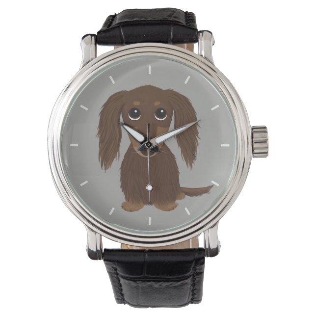 Cute Longhaired Chocolate Dachshund Wiener Dog Watch (Front)