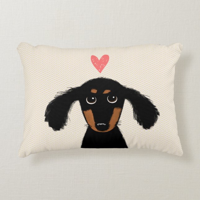 Cute Longhaired Dachshund Puppy Dog with Heart Decorative Cushion (Front)