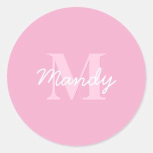 Cute Looking Cursive Name & Monogram   Pink Classic Round Sticker