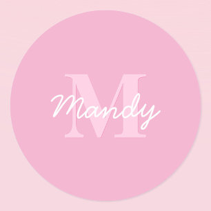 Cute Looking Cursive Name & Monogram Pink Classic Round Sticker