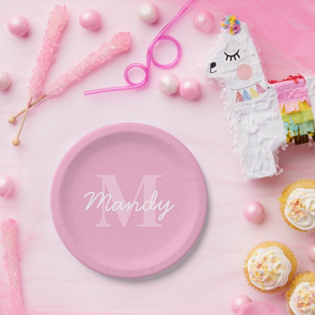 Cute Looking Cursive Name & Monogram | Pink Paper Plate (Party)