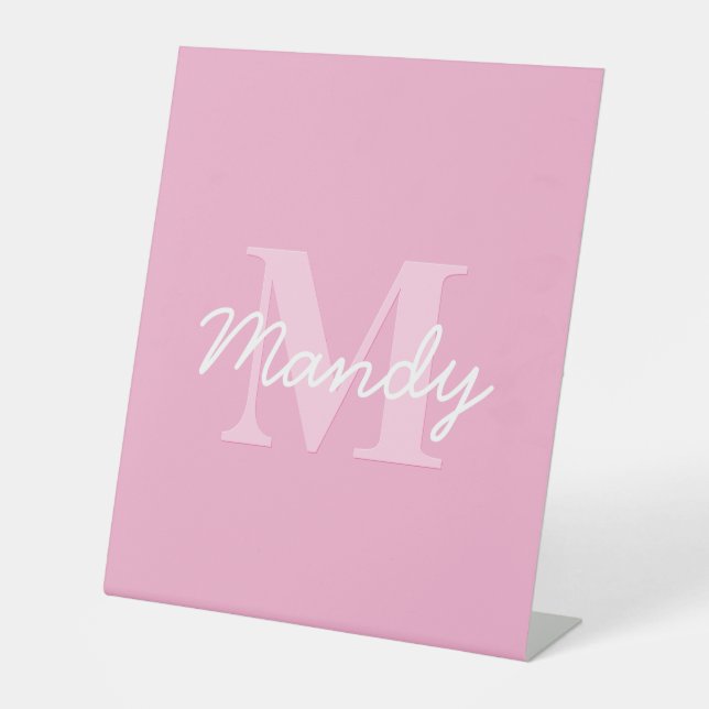 Cute Looking Cursive Name & Monogram | Pink Pedestal Sign (Front)