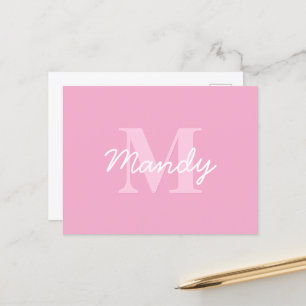 Cute Looking Cursive Name & Monogram   Pink Postcard