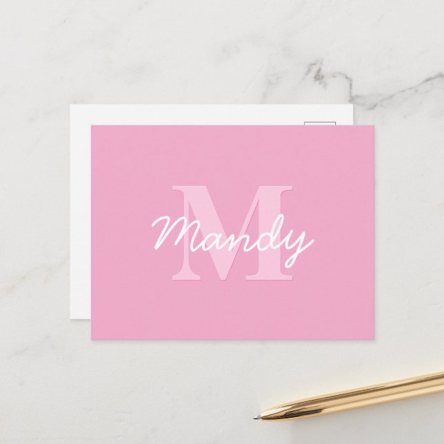 Cute Looking Cursive Name & Monogram | Pink Postcard (Front/Back In Situ)