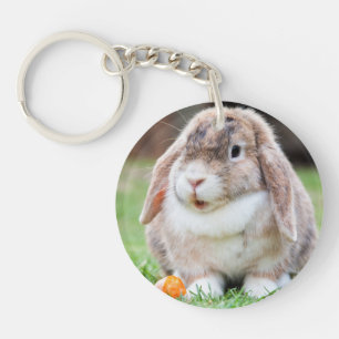Cute Lop-Eared Rabbit in Grass with Carrot Key Ring
